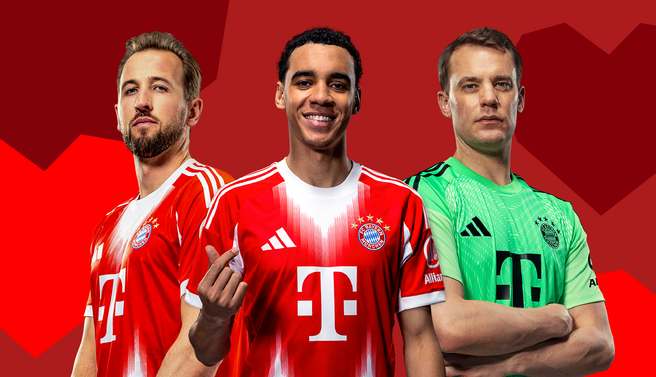 Three football players from Bayern Munich pose against a red background. The player in the center smiles and points, wearing the team's home jersey. The player on the left has a serious expression and wears a similar jersey, while the player on the right is in a green goalkeeper uniform.